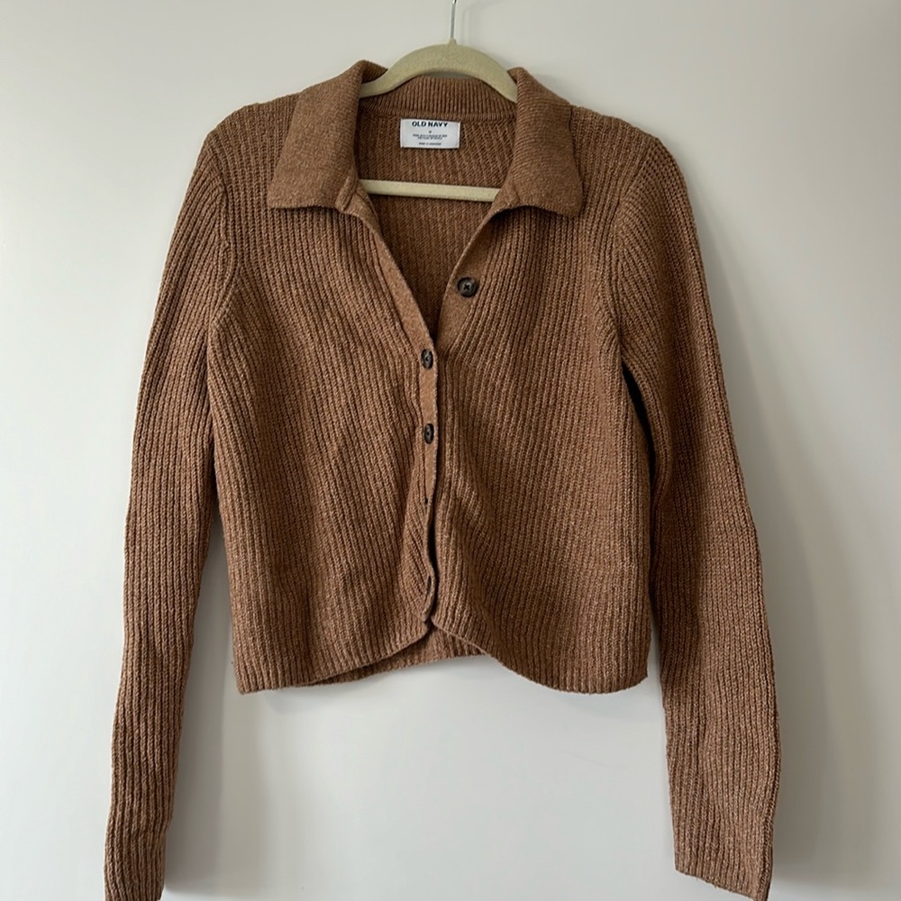 Old navy shaker stitch collared cardigan sweater color Belgian waffle